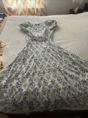LOFT White Maxi Dress with Blue and Green Floral Print